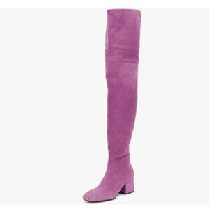 Pink Square Toe Chunky Low Heel Suede Side Zipper Over The Knee Thigh High Boots